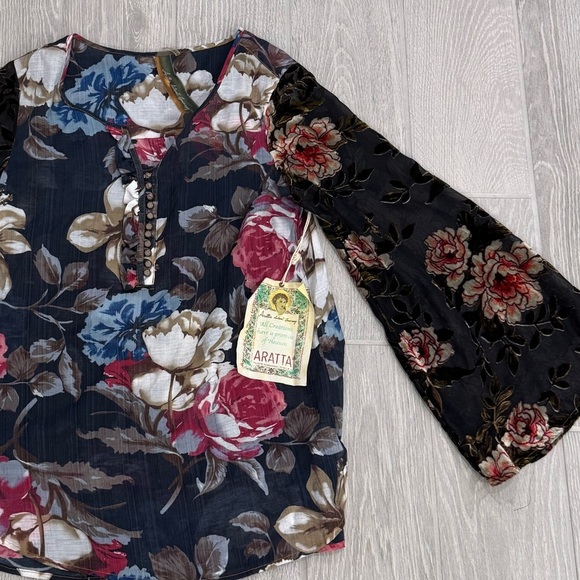 ARATTA SILENT JOURNEY Velvet Burnout Bell Sleeve Mixed Media Boho Blouse XS NWT - Picture 4 of 8